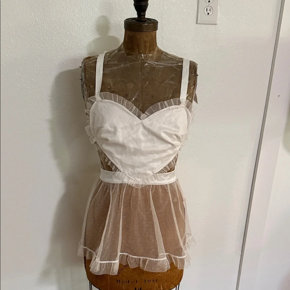 NWT Victoria’s Secret Tease White Heart-Bust Sheer Babydoll French Maid Size L